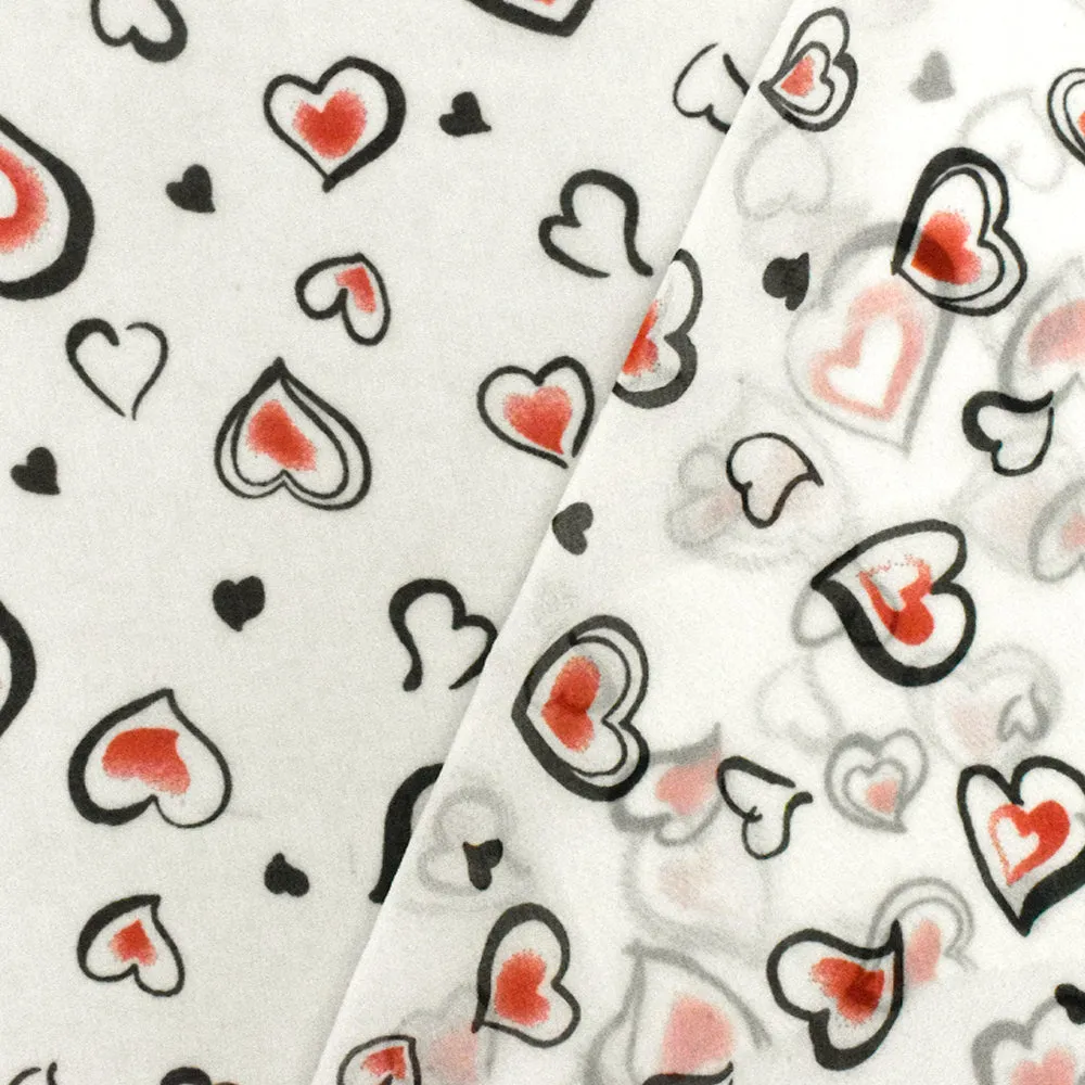 Ivory-Black-Red Heart Printed Poly Chiffon Woven Fabric