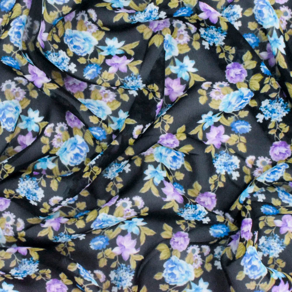 Jet Black-Blue-Multi Floral Printed Polyester Chiffon Woven Fabric