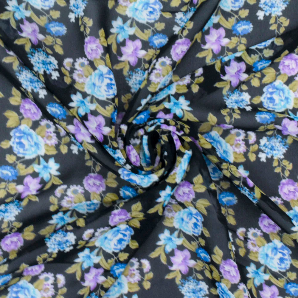 Jet Black-Blue-Multi Floral Printed Polyester Chiffon Woven Fabric