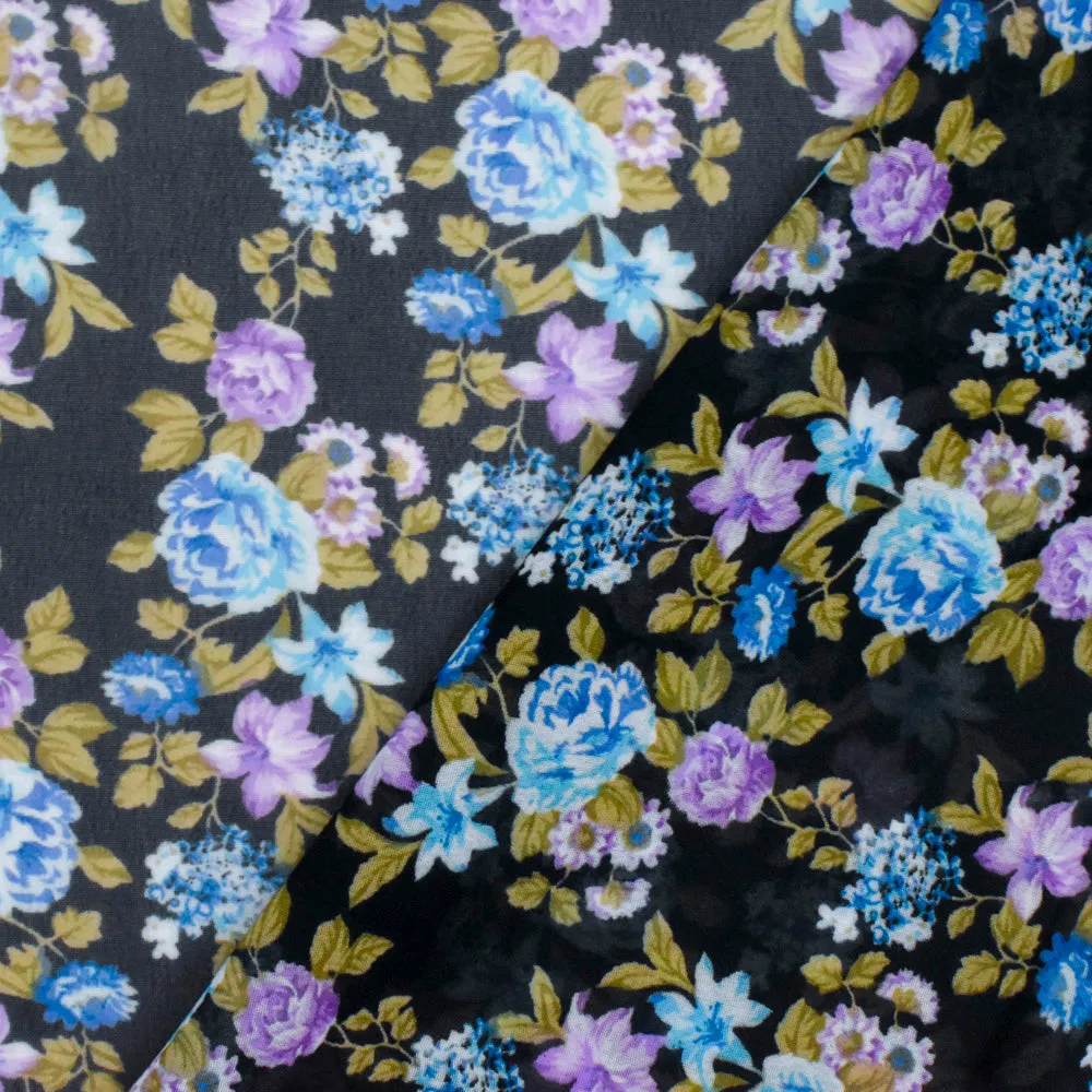 Jet Black-Blue-Multi Floral Printed Polyester Chiffon Woven Fabric