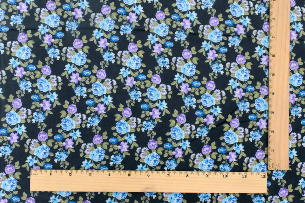 Jet Black-Blue-Multi Floral Printed Polyester Chiffon Woven Fabric