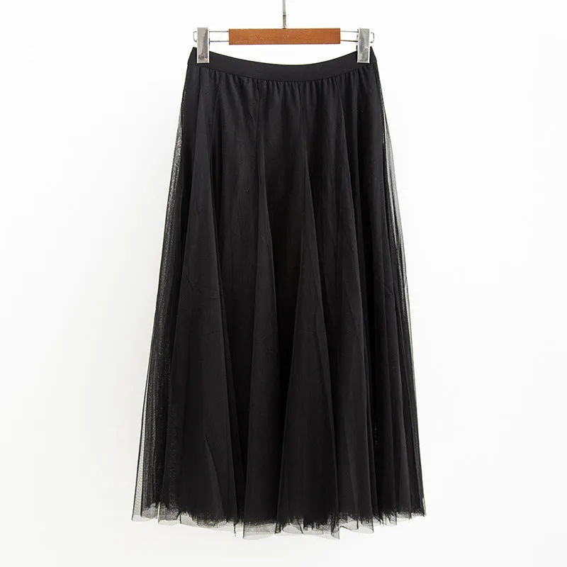 Korean Multi Layer Spliced A-Line Flare Black Mesh Short Skirt Mid-Length Tutu Pleated Fairy-Look Skirt