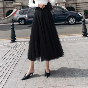 Korean Multi Layer Spliced A-Line Flare Black Mesh Short Skirt Mid-Length Tutu Pleated Fairy-Look Skirt