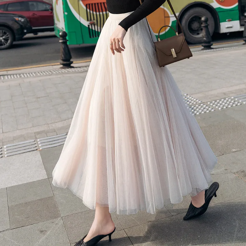 Korean Multi Layer Spliced A-Line Flare Black Mesh Short Skirt Mid-Length Tutu Pleated Fairy-Look Skirt