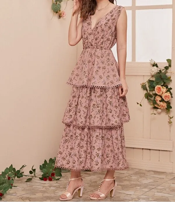 Lace Trim Layered Floral Dress