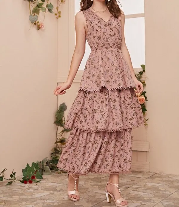 Lace Trim Layered Floral Dress