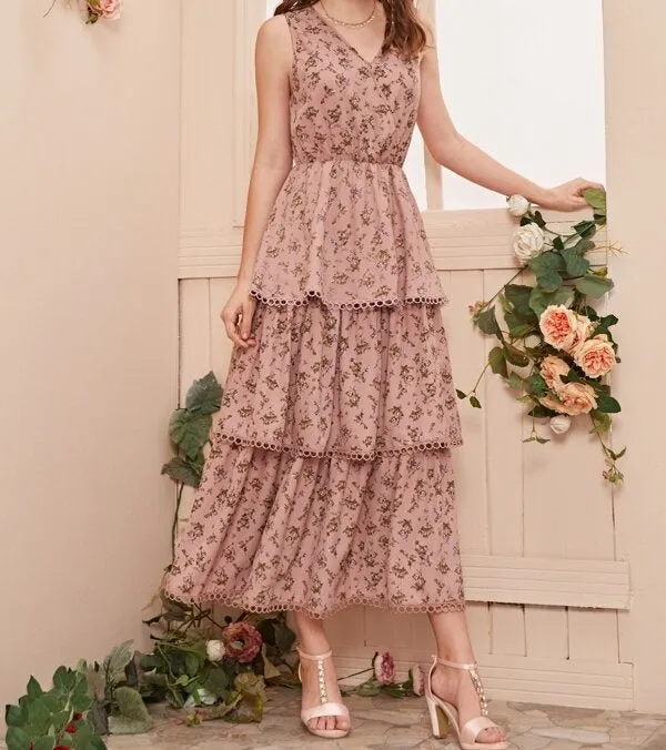 Lace Trim Layered Floral Dress