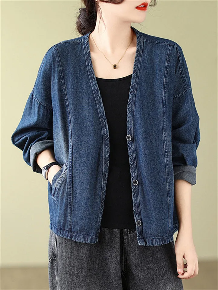 Ladies Korean Style V-Neck Button Up Short Denim Jacket