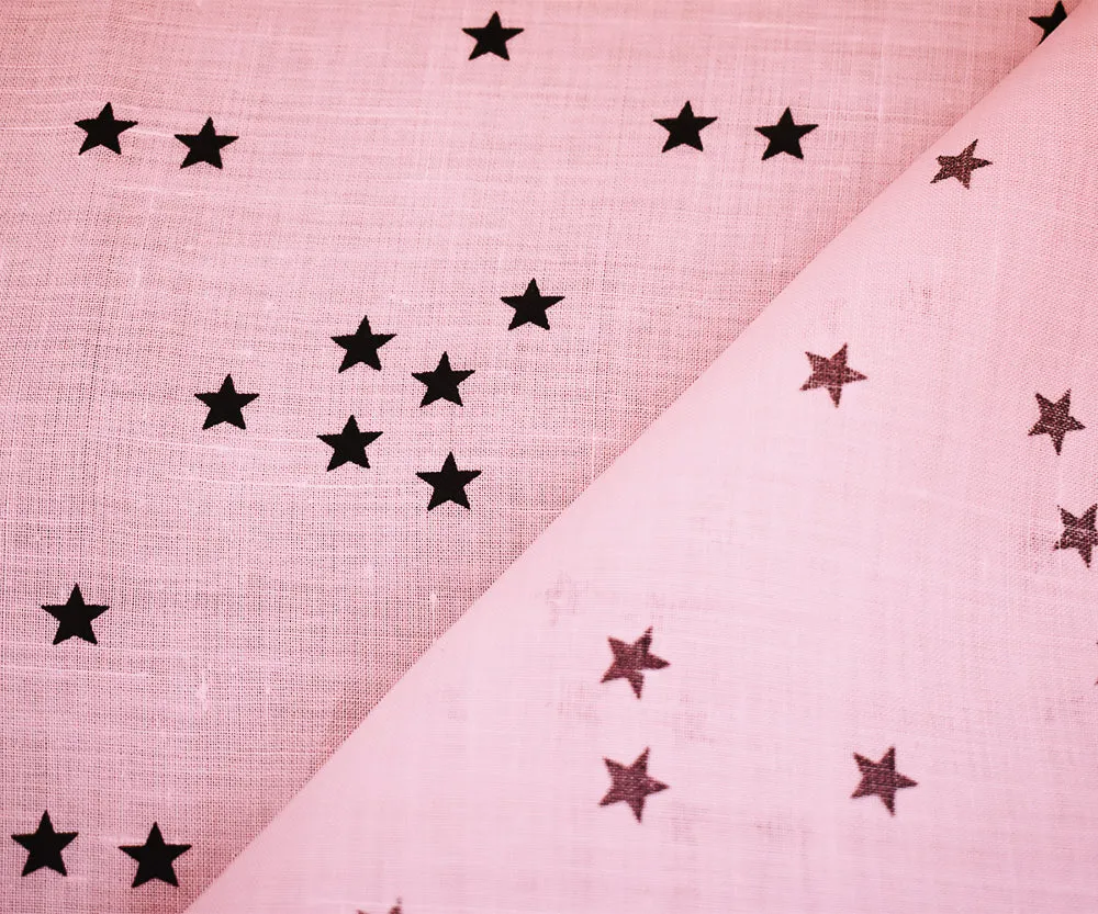 Light Pink-Navy Stars Printed Linen Woven Fabric