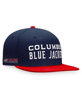 Men's branded dark blue Red Jackets Columbus Blue Iconic Color Block Snapback Hat Fanatics