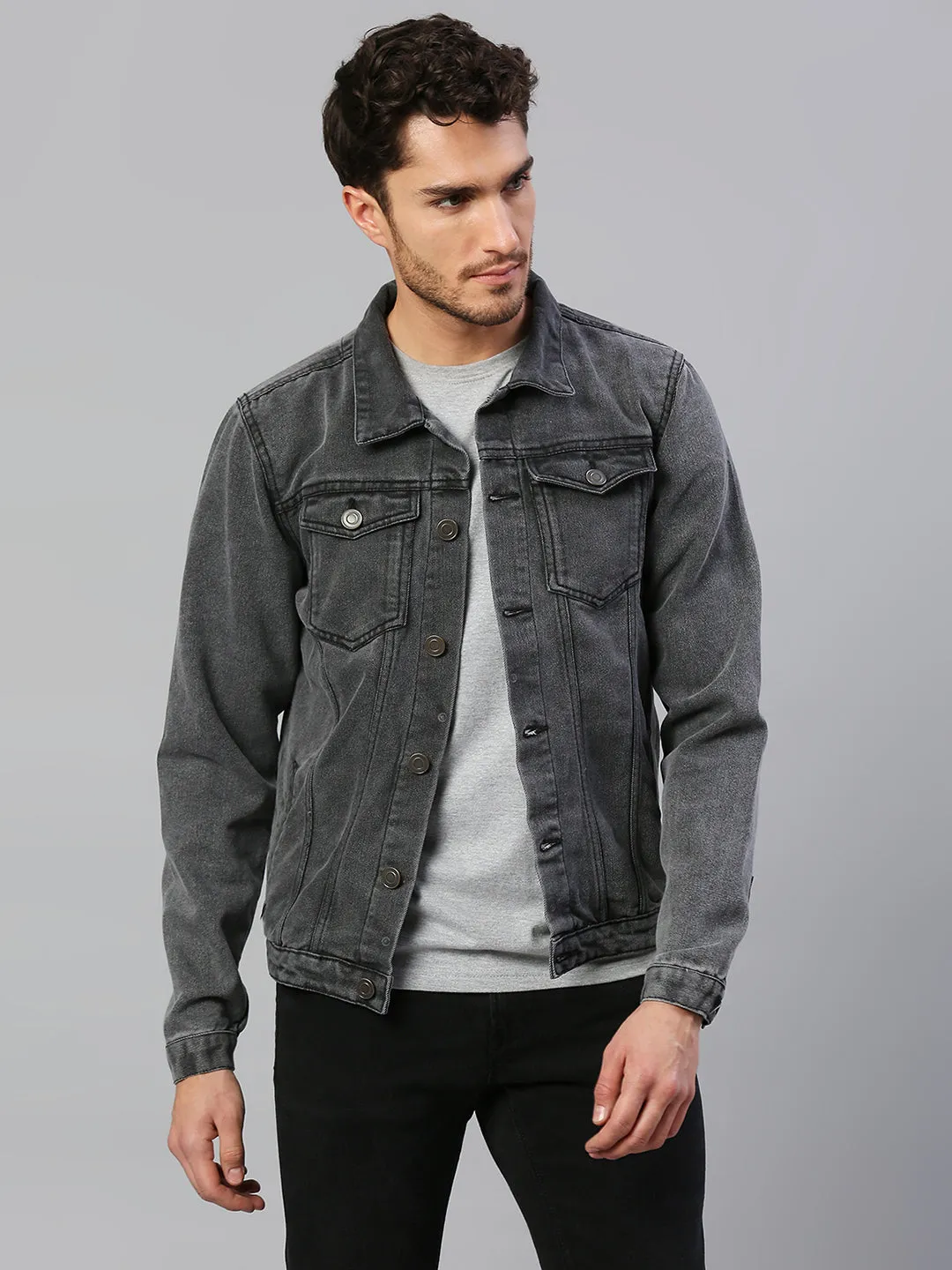 Men's Regular Fit Long Sleeve Button Down Denim Jacket Lightweight Trucker Jacket (Grey)