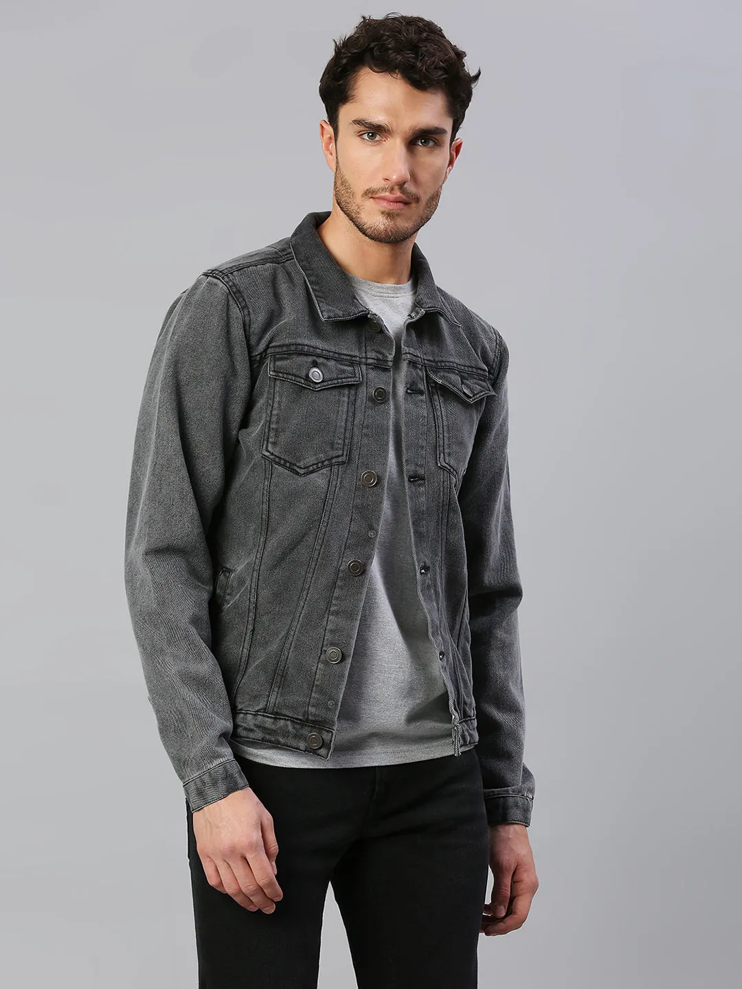 Men's Regular Fit Long Sleeve Button Down Denim Jacket Lightweight Trucker Jacket (Grey)