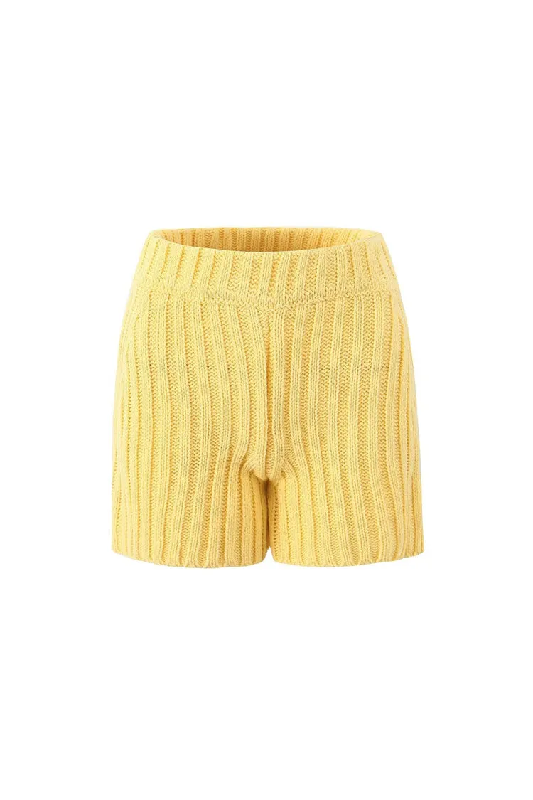 Monochromatic High Waist Textured Winter Ribbed Knit Lounge Shorts