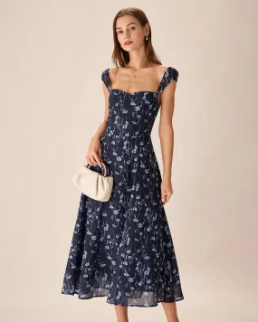 Navy Floral Sweetheart Neck Midi Dress