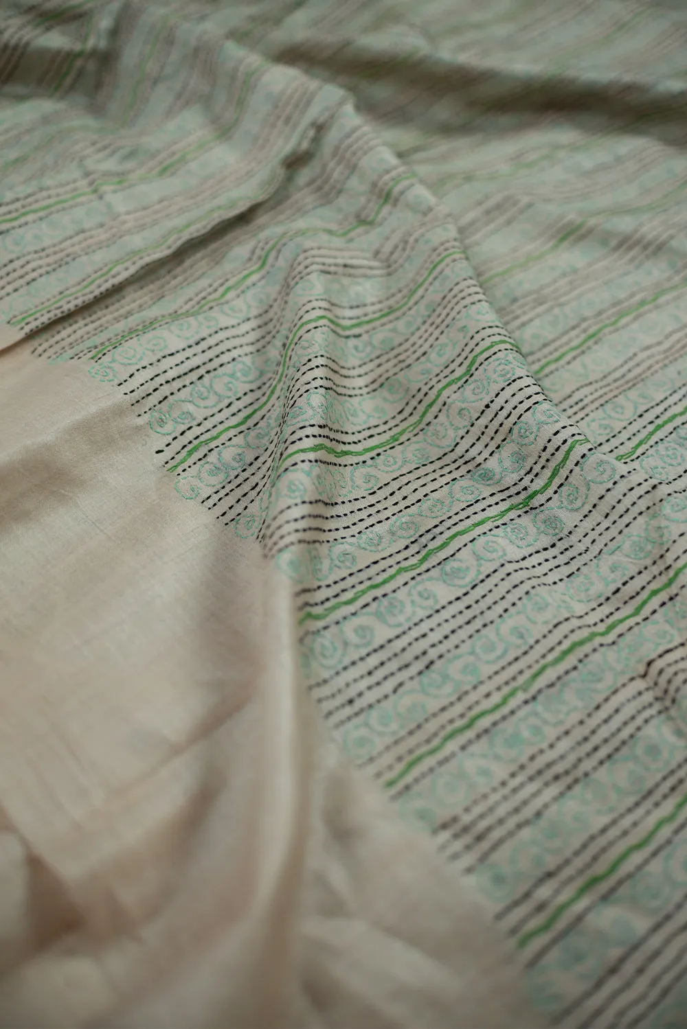 Off-White Cream with Stripes Kantha Embroidered Blouse Fabric