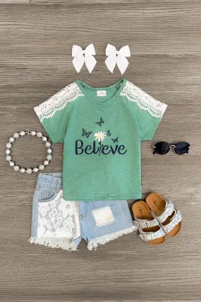 "Believe" Green Denim Short Set