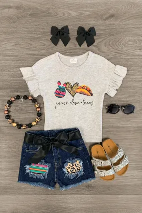 "Peace, Love, Tacos" Gray Denim Short Set