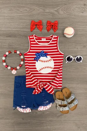 Red & Blue Baseball Distressed Denim Short Set