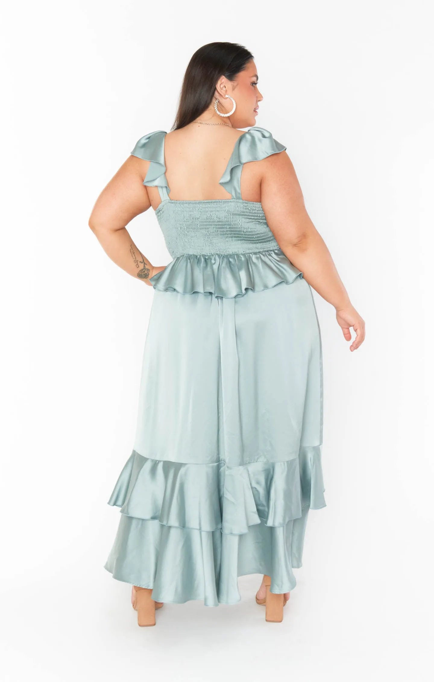 Reese Ruffle Dress ~ Silver Sage Luxe Satin