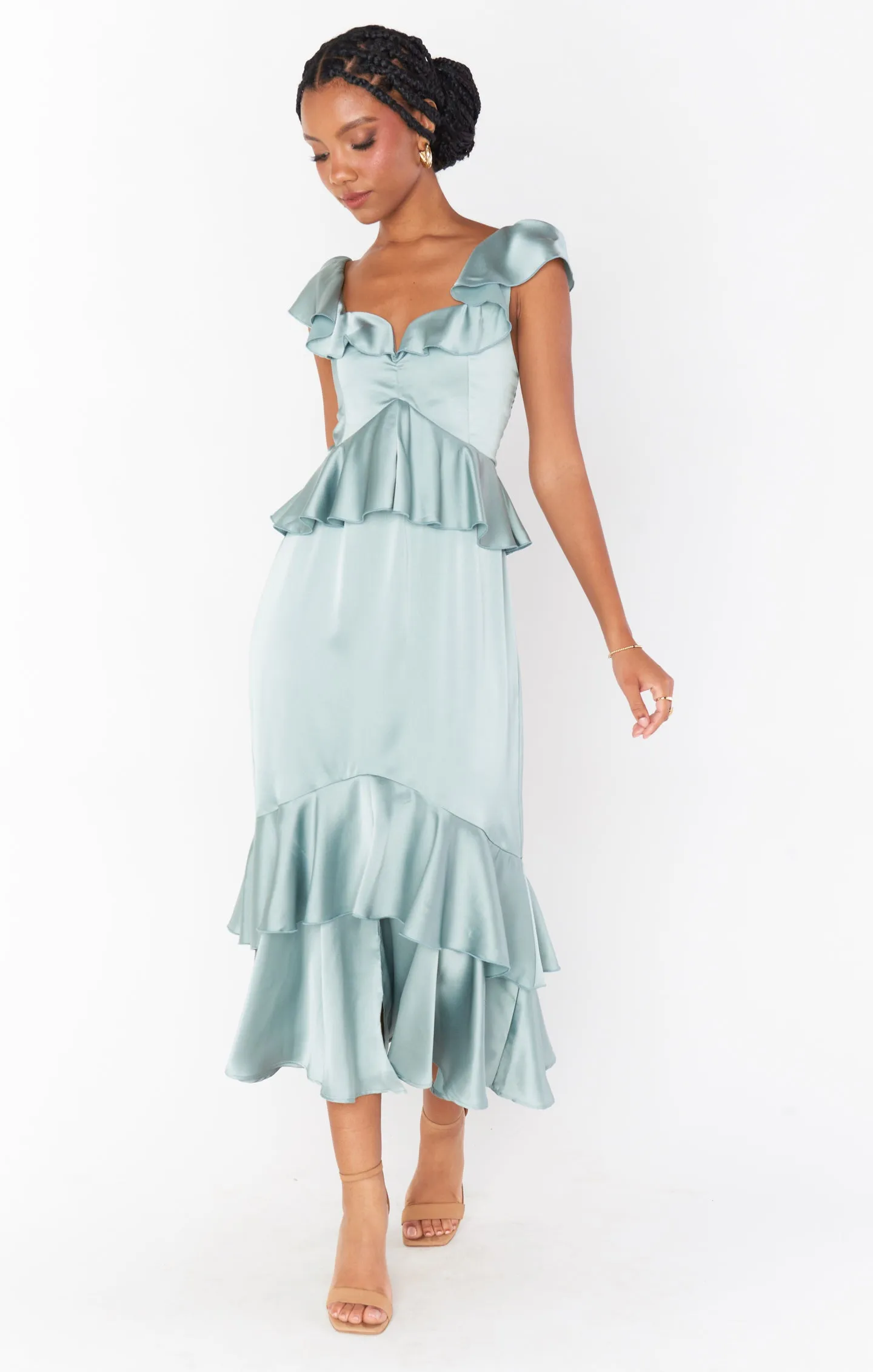 Reese Ruffle Dress ~ Silver Sage Luxe Satin