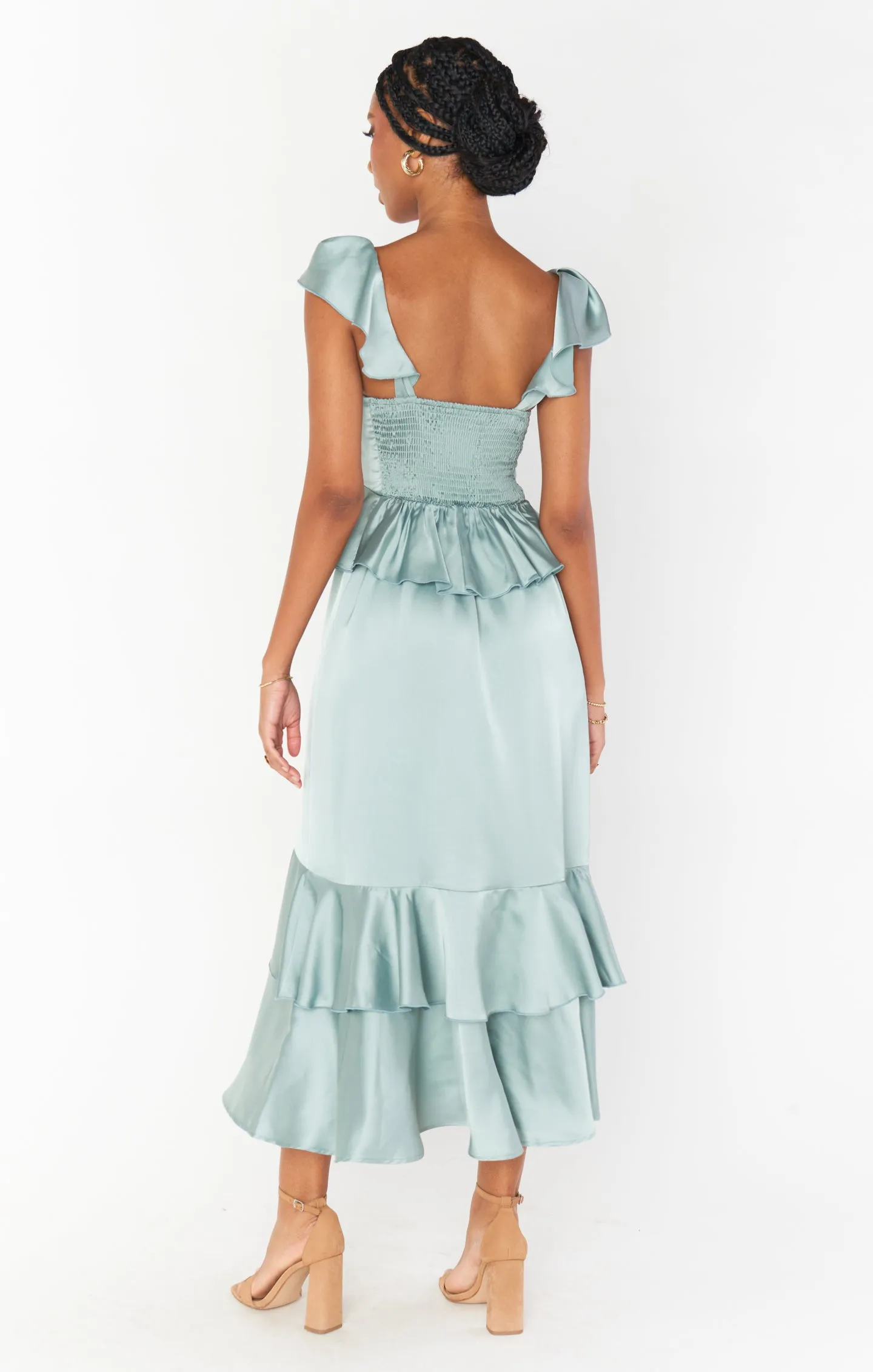 Reese Ruffle Dress ~ Silver Sage Luxe Satin