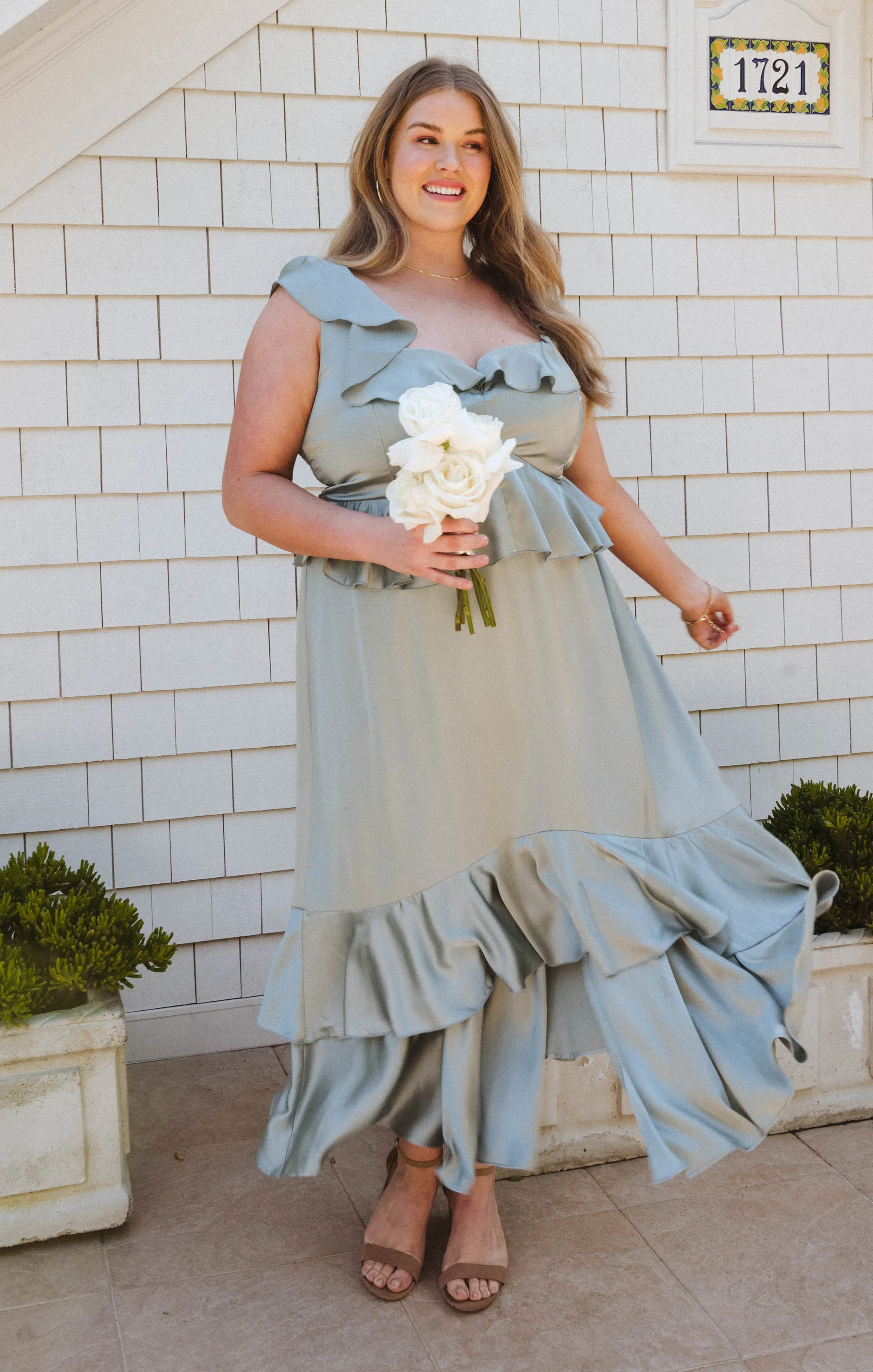 Reese Ruffle Dress ~ Silver Sage Luxe Satin