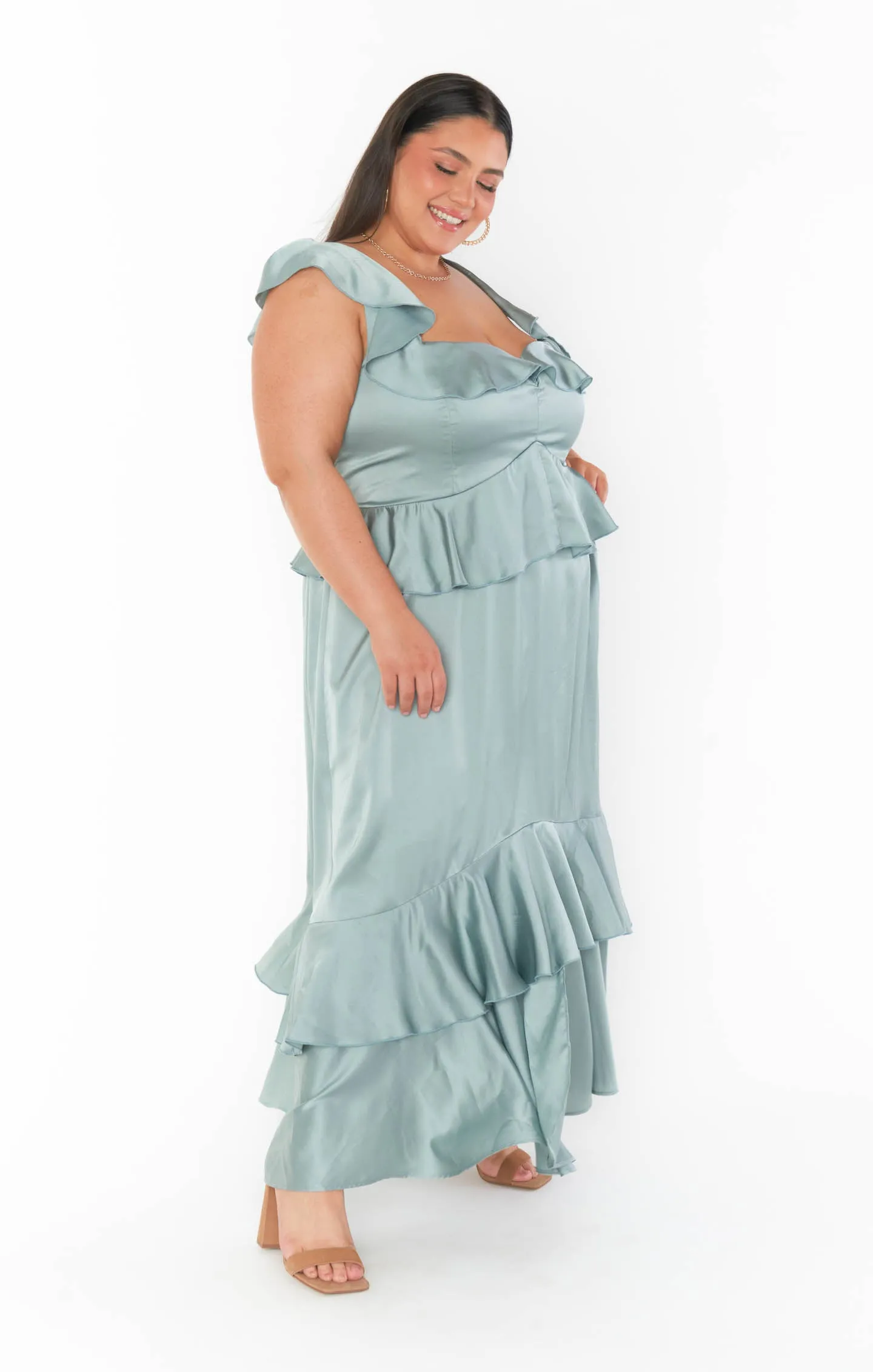 Reese Ruffle Dress ~ Silver Sage Luxe Satin