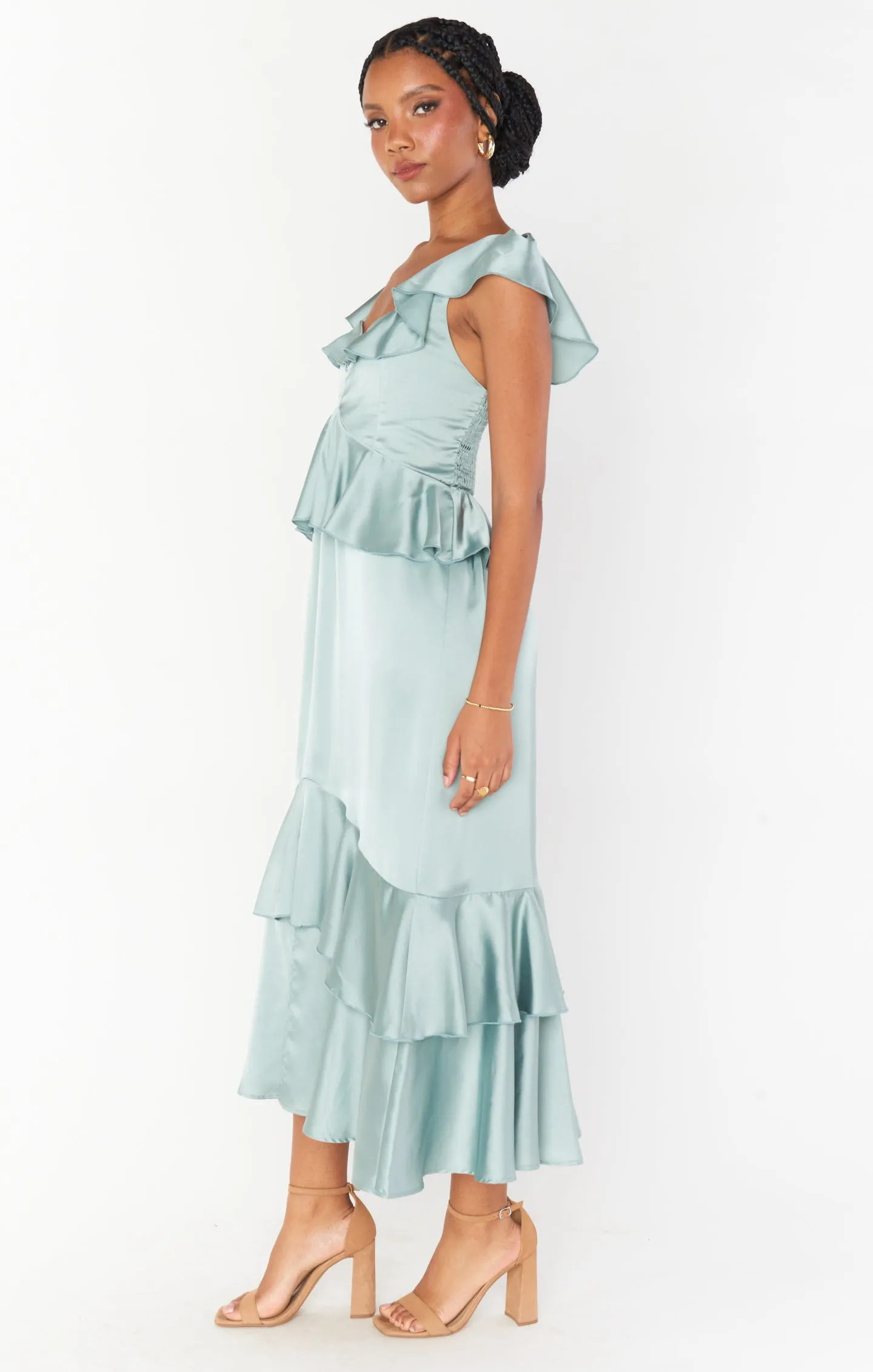 Reese Ruffle Dress ~ Silver Sage Luxe Satin