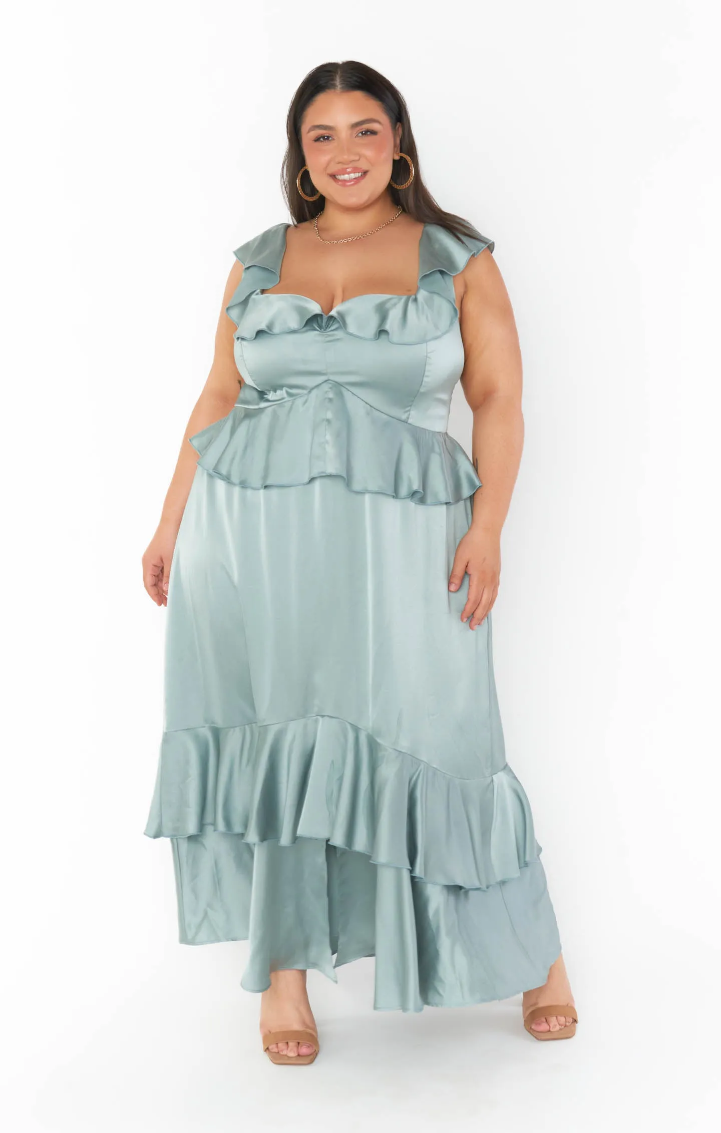 Reese Ruffle Dress ~ Silver Sage Luxe Satin