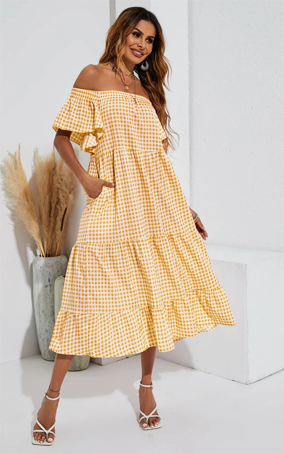 Relaxed Off Shoulder Bardot Frill Midi Dress In Yellow