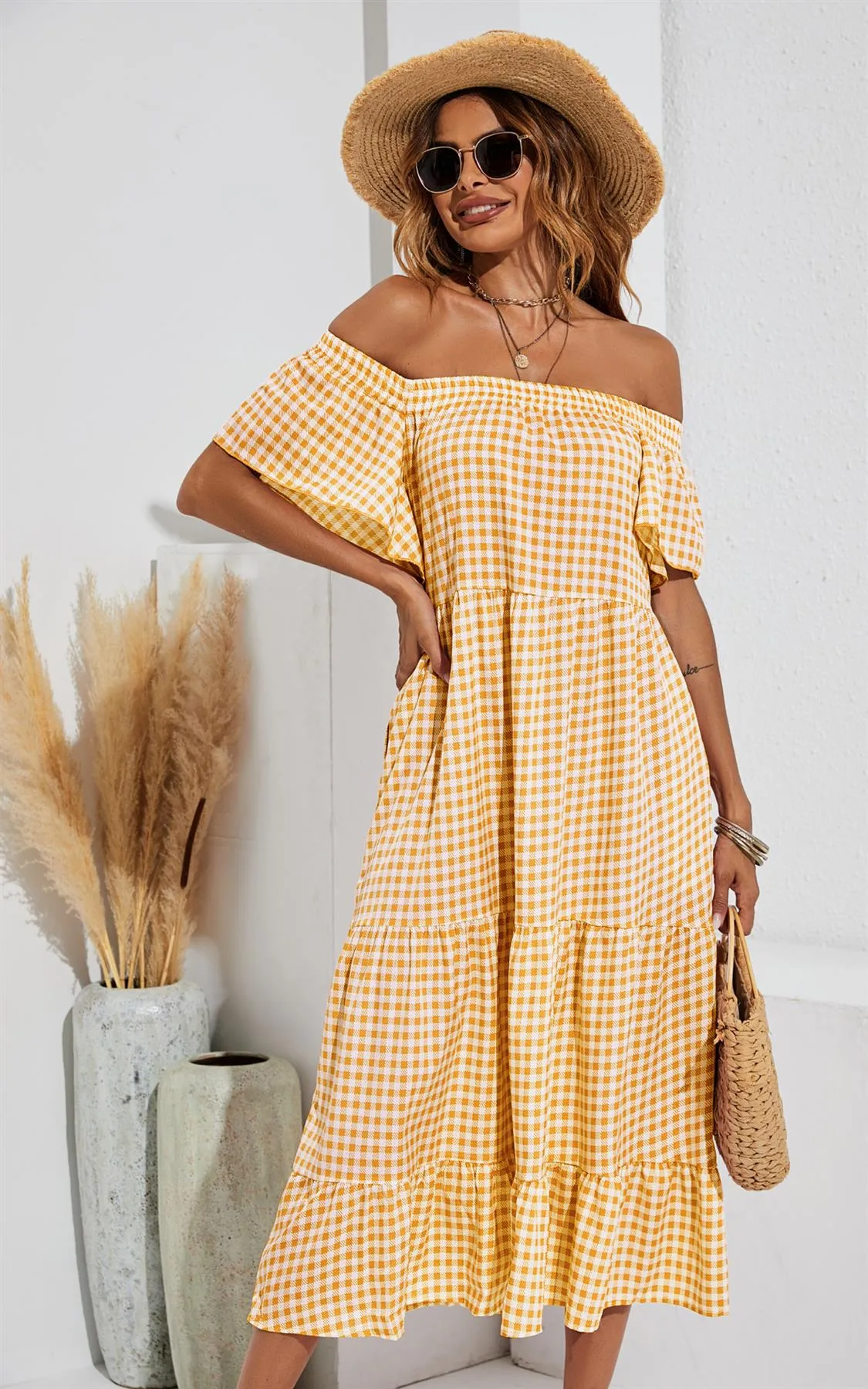 Relaxed Off Shoulder Bardot Frill Midi Dress In Yellow