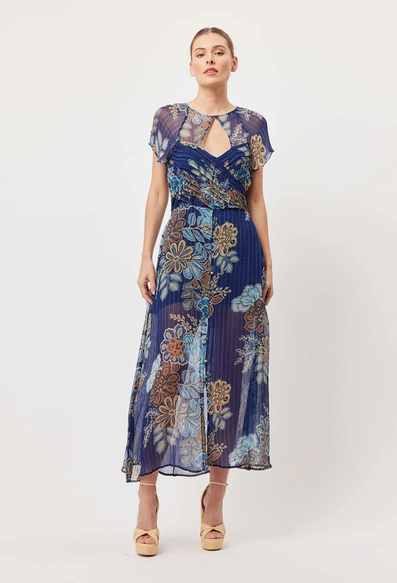 Rio Viscose Chiffon Flutter Sleeve dress - Aztec Flower