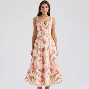 Romantic Bow Tie Bustier Corset Layered Tulle Floral Print Midi Sundress