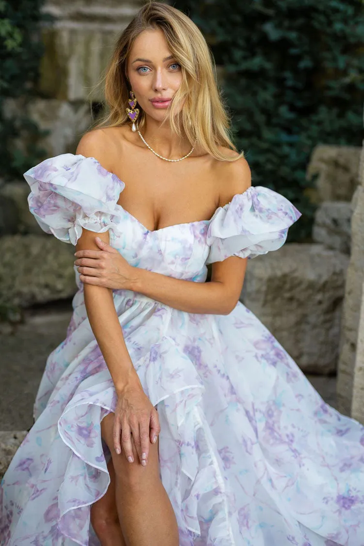 Romantic Puff Sleeve Floral Organza Layered Ruffle Split Gown Dress - Lilac