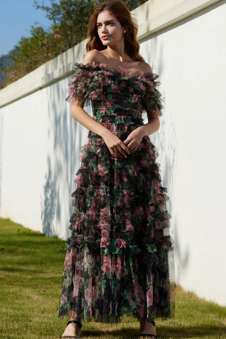 Romantic Ruffle Off Shoulder Floral Printed Tulle Evening Maxi Dress - Black