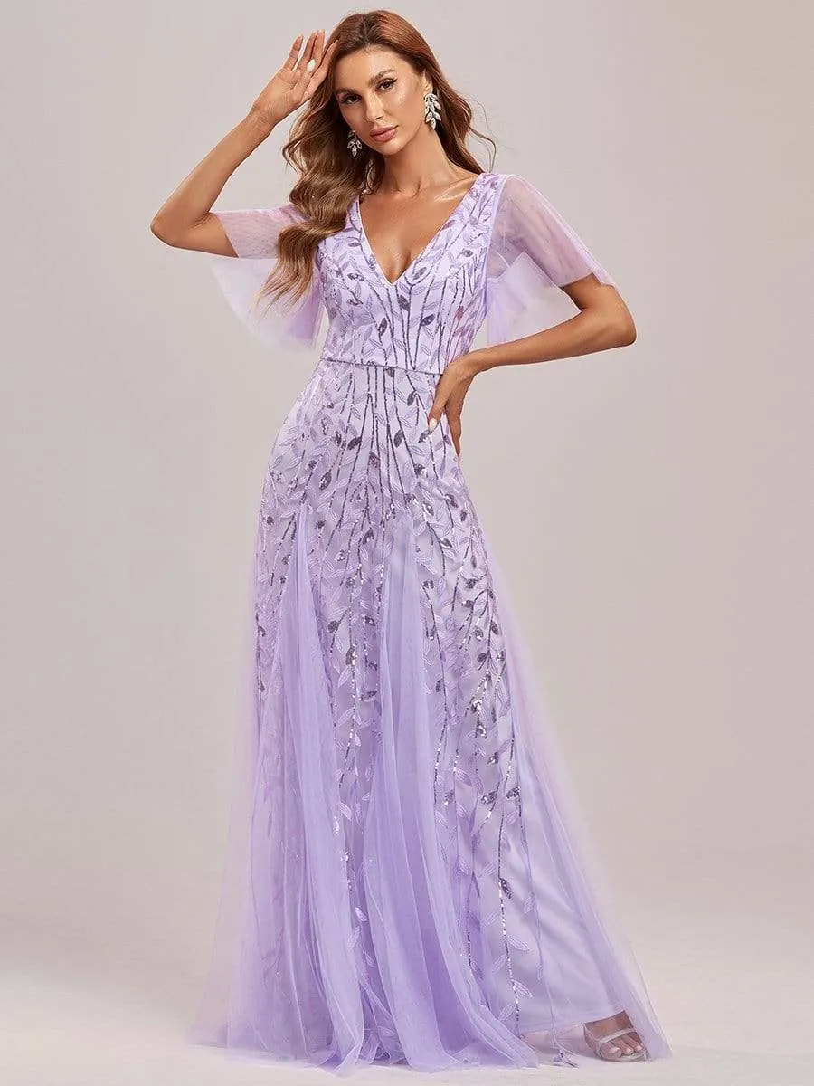 Romantic Shimmery V Neck Ruffle Sleeves Maxi Long Evening Gowns