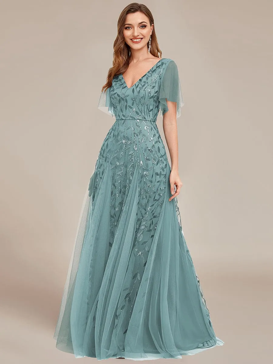 Romantic Shimmery V Neck Ruffle Sleeves Maxi Long Evening Gowns