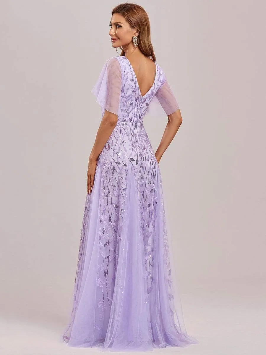 Romantic Shimmery V Neck Ruffle Sleeves Maxi Long Evening Gowns