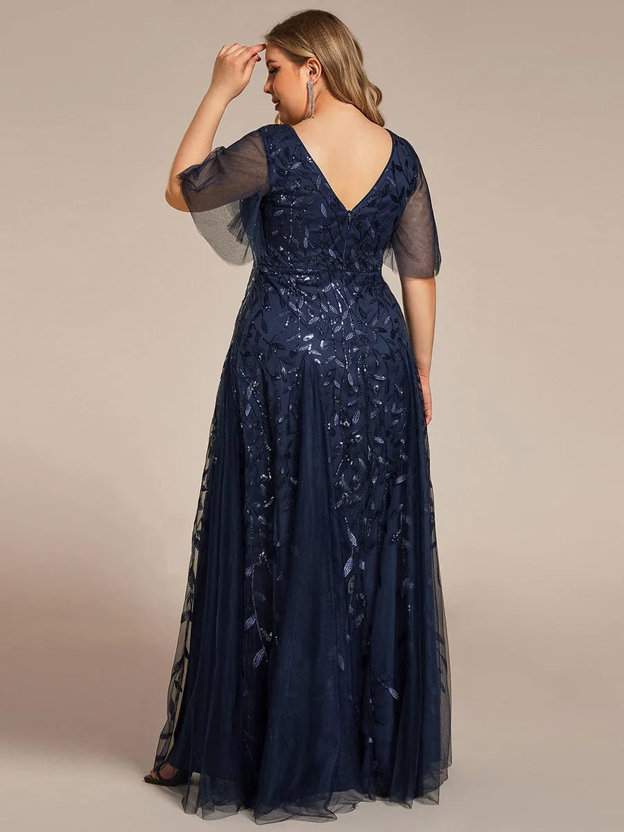 Romantic Shimmery V Neck Ruffle Sleeves Maxi Long Evening Gowns