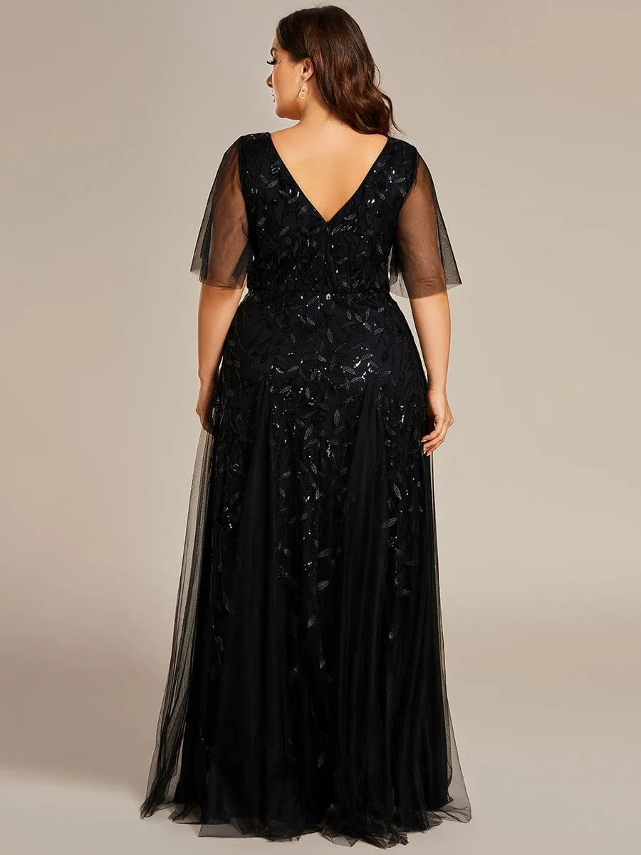 Romantic Shimmery V Neck Ruffle Sleeves Maxi Long Evening Gowns