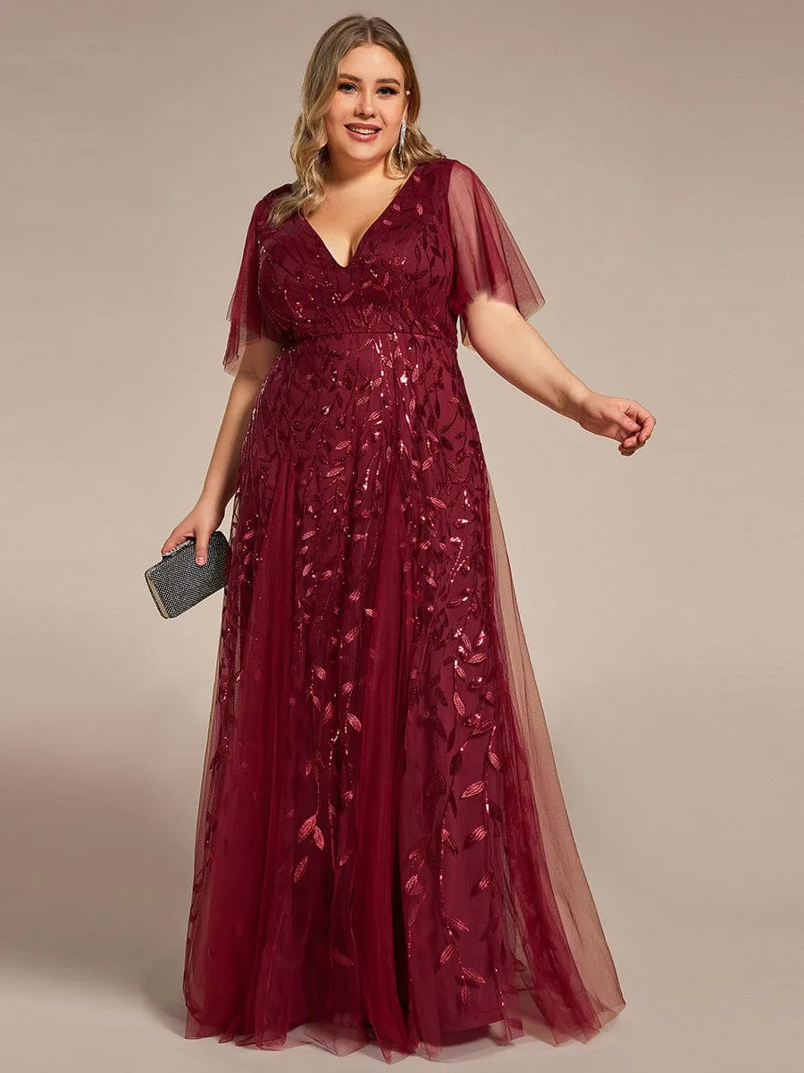 Romantic Shimmery V Neck Ruffle Sleeves Maxi Long Evening Gowns