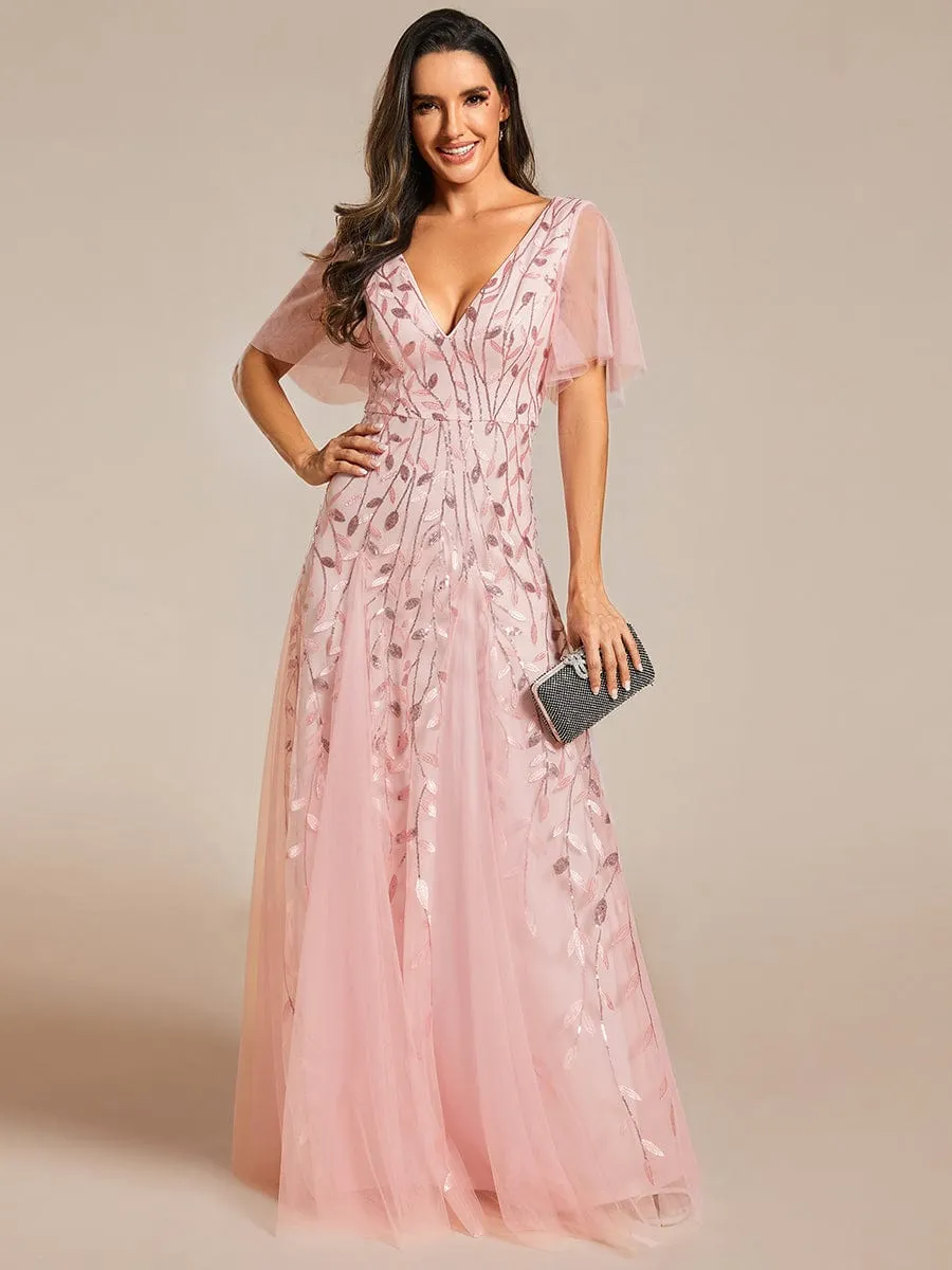 Romantic Shimmery V Neck Ruffle Sleeves Maxi Long Evening Gowns