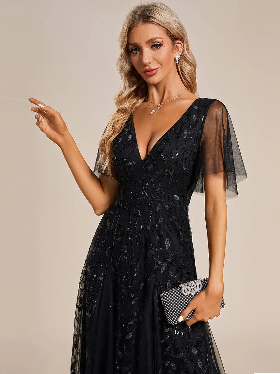 Romantic Shimmery V Neck Ruffle Sleeves Maxi Long Evening Gowns