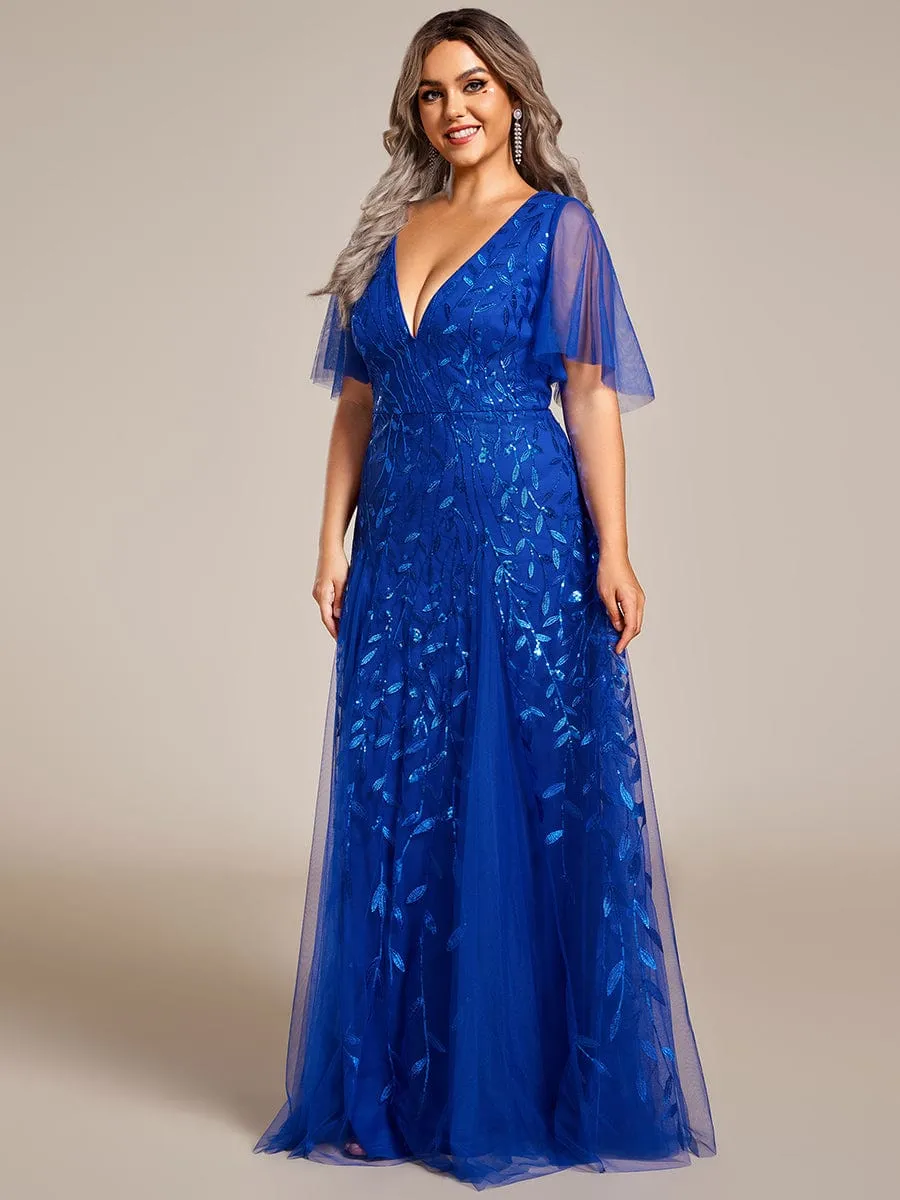 Romantic Shimmery V Neck Ruffle Sleeves Maxi Long Evening Gowns