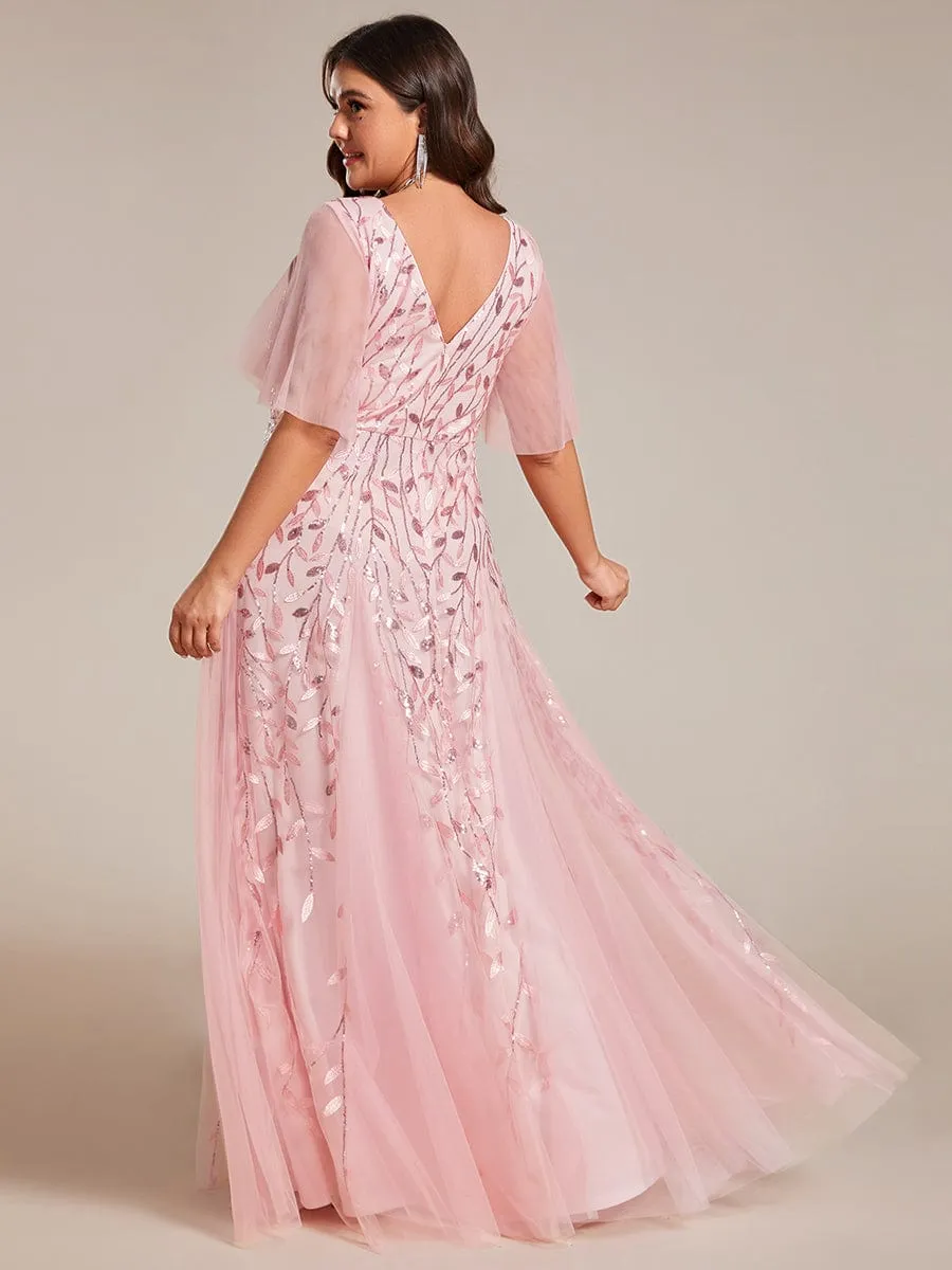 Romantic Shimmery V Neck Ruffle Sleeves Maxi Long Evening Gowns