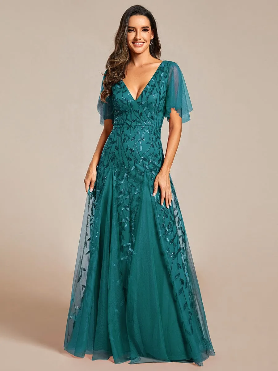 Romantic Shimmery V Neck Ruffle Sleeves Maxi Long Evening Gowns