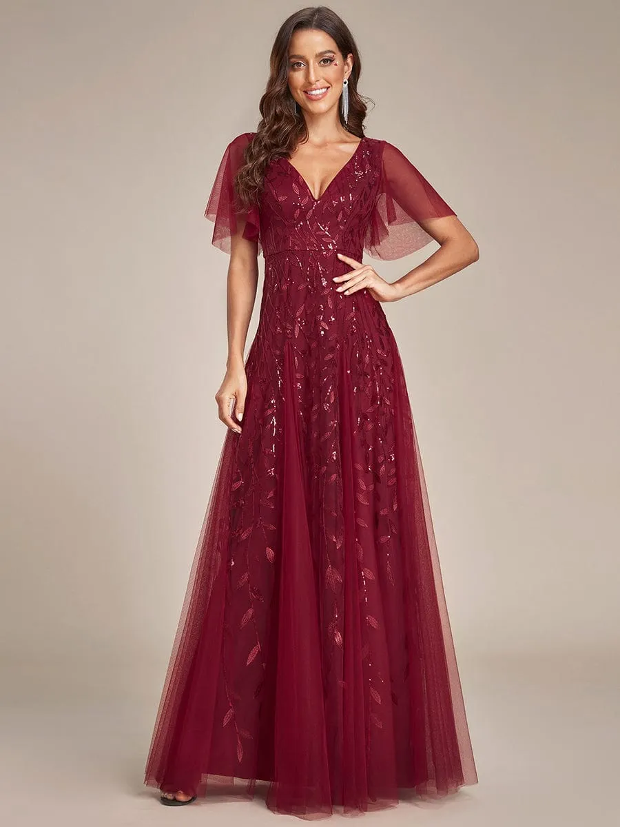 Romantic Shimmery V Neck Ruffle Sleeves Maxi Long Evening Gowns