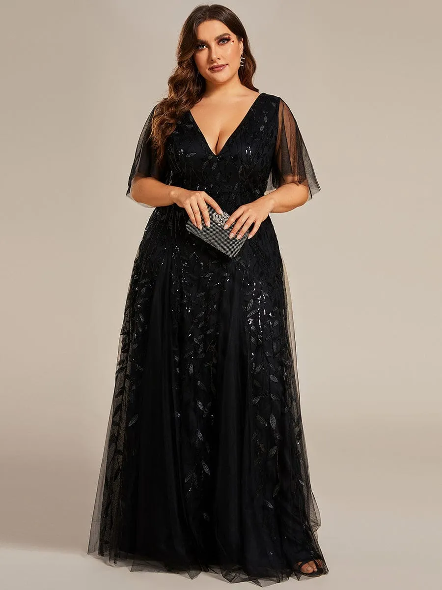 Romantic Shimmery V Neck Ruffle Sleeves Maxi Long Evening Gowns