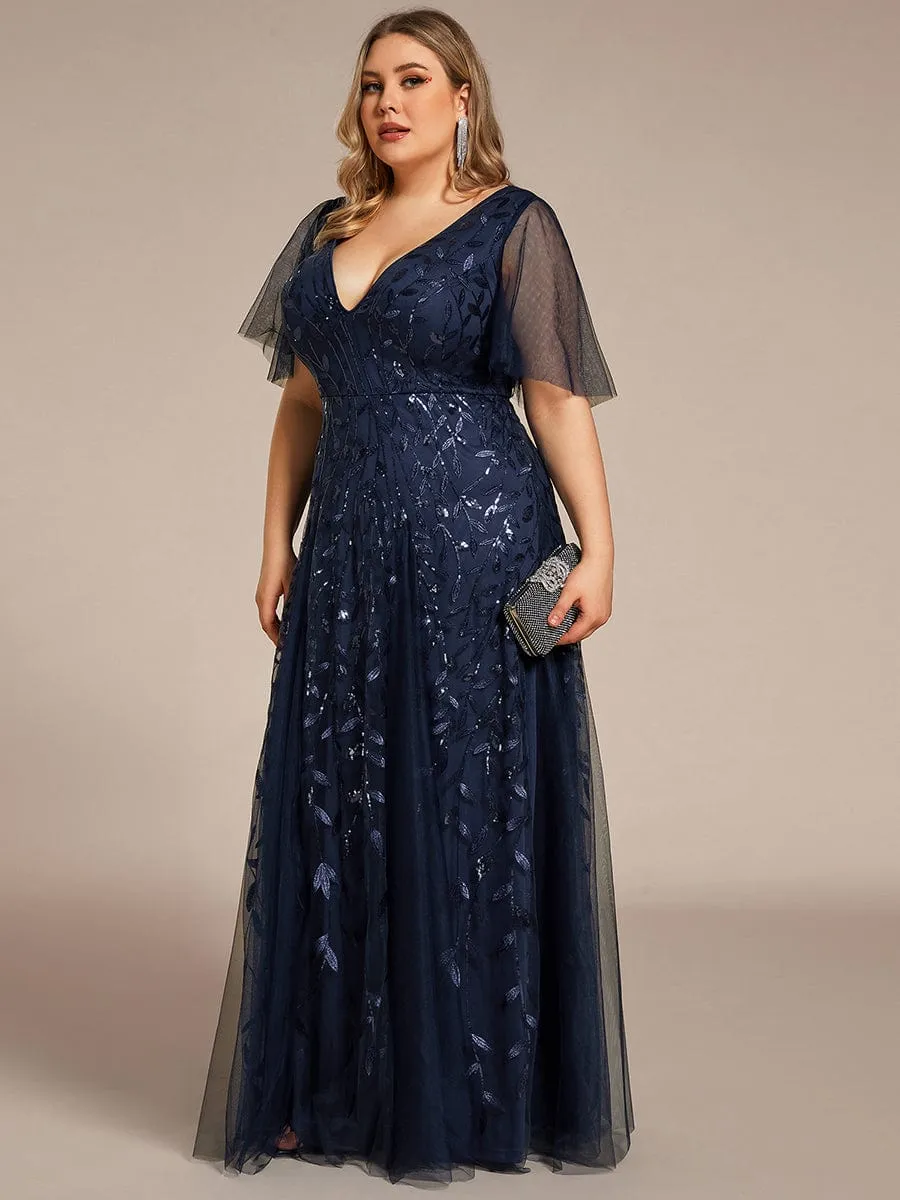 Romantic Shimmery V Neck Ruffle Sleeves Maxi Long Evening Gowns