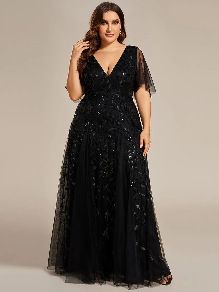 Romantic Shimmery V Neck Ruffle Sleeves Maxi Long Evening Gowns